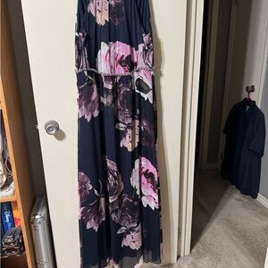 SLNY Floral Metallic Beaded Waist Maxi Dress in Navy Multi